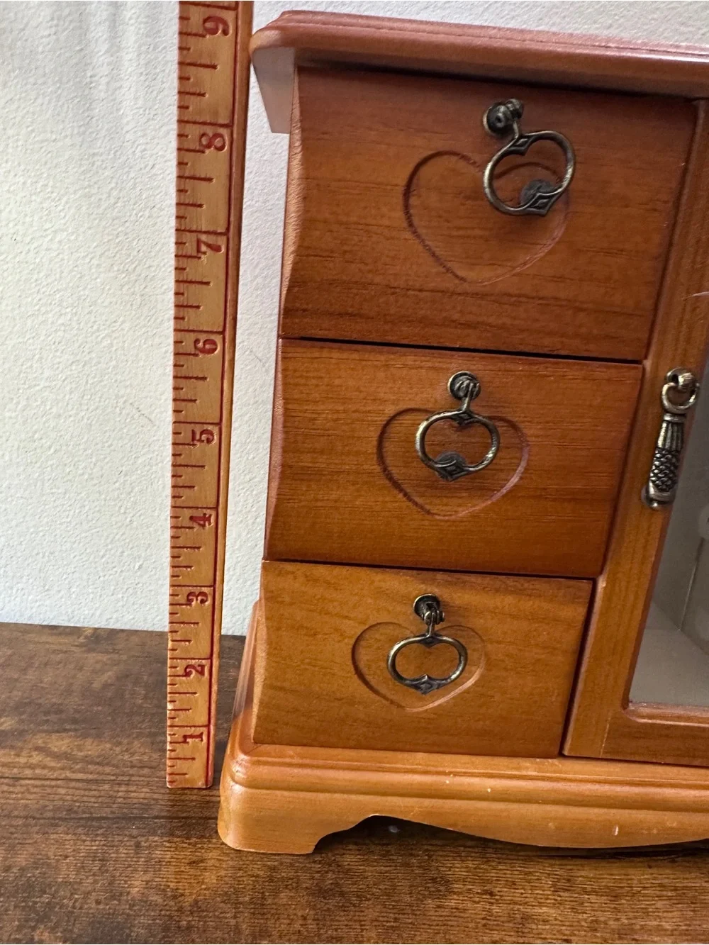 Vtg Wooden Jewelry Box Chest 3 Drawers Heart Etching Etched Glass Door Mirror